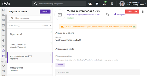 Configura tu Página de ventas en EVO